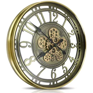 DORBOKER Wanduhr Groß mit Beweglichen Zahnrädern Moderne Industrial Steampunk XXL Vintage Retro Antike Metall Uhr für Küche Wohnzimmer Zuhause Bar Schule(53.5cm, Bronze Gold Arabische Ziffern)