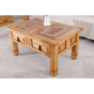 Handgefertigter Sofatisch Wohnzimmertisch mit Marmor-Mosaik, Landhausstil aus Mexiko, Pinie Massivholz Möbel