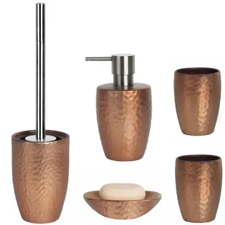 spirella Badaccessoires-Sets DARWIN HAMMERED, Zubehör-Set aus hochwertiger Keramik, Kupferfarben, in origineller Hammerschlag Metall Optik, 5 tlg., bestehend aus: WC-Bürste, Seifenspender, 2x Zahnputzbecher, Seifenschale braun
