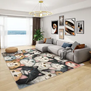 Teppich Mit Katzenmotiv - Wohnzimmer Schlafzimmer Katzen, Großer Mädchen, Weich Kurzflor & Waschbar & Rutschfest, Kinderteppich, Bettvorleger 160x230 cm