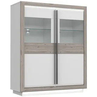 Newroom Vitrine Nelson Eiche und Weiß Hochglanz 134 cm Vitrine Nelson Eiche und Weiß Hochglanz Modern Vitrinenschrank beige