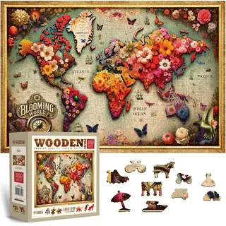 WOODEN.CITY Holzpuzzle für Erwachsene, Weltkarte Colorful Map, 1010 Teile | 100 besondere Figurenteile, 3 mm Holzwerkstoff, 54 x 39,4 cm, Expertenschwierigkeit, ab 14 Jahren, hergestellt in Polen