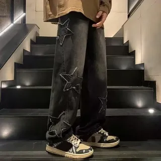 Edgy Oversize Herren Streetwear Weites Bein Jeans Y2K Vintage Star Aesthetic Hose Schwarz Blau (M Schwarz)