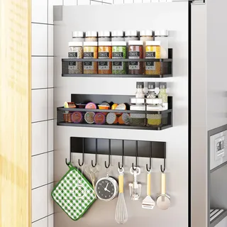 Aufworld Magnetische Gewürzregal für Kühlschrank, 3 Pack magnetische Regal, bewegliche magnetische Kühlschrank Veranstalter mit 8-Haken-Regal für Küche Organisation und Lagerung