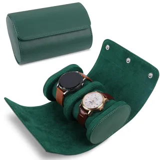 RoYiio Zylindrische Uhrenbox, Uhrenrolle Aufbewahrung für 2 Uhren, Grün | PU-Leder Aufbewahrungsrolle Reiseuhren, Geschenk Männer & Frauen, Vintage Uhrenbox für Ausstellung/Sammlung, Leicht/Kratzfest