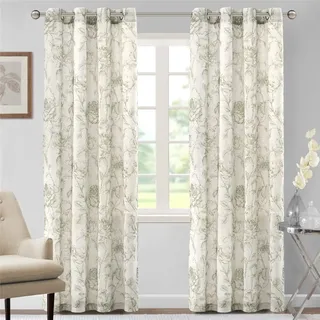 Hiseng Voile Vorhänge mit Ösen Durchsichtig Halbtransparent Ösenvorhang für Fenster Wohnzimmer Schlafzimmer Leinen Vintage Rosenblüte Transparent Gardine 2er Set (132x243cm,Grau Grün)