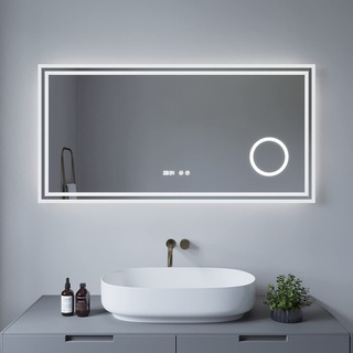 AQUALAVOS Spiegel mit Beleuchtung Digital Uhr Groß Led Beleuchteter Schminkspiegel Wandspiegel Silber Modern Wohnzimmer Badspiegel Led Beleuchtet mit Rahmen 120x60 cm 3-Fach Vergrößerung Kaltweiß