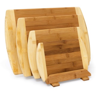 Relaxdays Schneidebrett aus Bambus 4-er Set mit Ständer Küchenbretter in verschiedenen Größen 2-farbiges Holz beidseitig nutzbar und messerschonend als Frühstücksbrettchen und Servierbrett Holz, natur