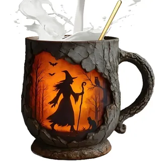 Qyljeiwred Kaffeetassen, 386 ml, coole Kaffeetassen, Hexe mit Feuermuster, 3D-Baumrinde, Textur, ergonomischer Griff, Tasse für Freunde, Kollegen, Lehrer, Weihnachten, Erwachsene