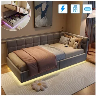 Gdood Polsterbett Daybett Jugendbett Tagesbett (1-tlg., Hydraulisch hebbarer Stauraum, Geeignet für Jungen und Mädchen), Mit LED-Beleuchtung, Ladefunktion, Samt, 90x200 cm grau