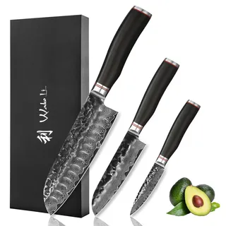 Wakoli EBO 3-teiliges Damastmesser-Set, 67 Lagen Damaststahl mit VG-10-Kern | Santoku, kleines Santoku und Officemesser; Hammerschlag, schwarze Eichengriffe, 15° V-Schliff je Seite, 60±2 HRC, Geschenkbox