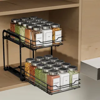 ZDDLOINP Ausziehbares Gewürzregal Für Schrank, 2 Etagen Gewürzregale, Einstellbare Höhe Gewürzregal Schwarz, Gewürz Organizer Ausziehbar, Schrank Organizer Küche