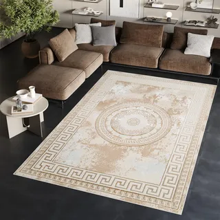 TAPISO Ares Teppich Kurzflor Glänzend Beige Creme Rahmen Marmoreffekt Rosette Klassisch 3D Effekt Wohnzimmer Schlafzimmer ÖKO-TEX 200 x 300 cm
