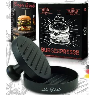 Le Flair® Alu Burgerpresse aus hochwertigem Aluminium - Hamburgerpresse mit Aufbewahrungstasche - Burger Patty Presse inkl. 50 Blatt Backpapier - Perfektes Grillzubehör Geschenk für Männer schwarz