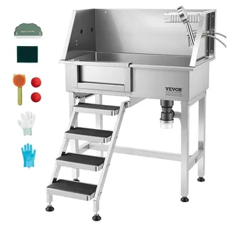 Vevor Hundewaschstation aus Edelstahl, 870x488x1025 mm Tierpflegewanne mit Ablagetreppe, Wasserhahn, Duschkopf & Seifenhalter, Hundebadewanne, für mittelgroße & kleine Haustiere (linke Tür)