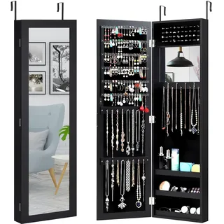 HOMASIS Schmuckschrank mit 2 Spiegeln für Wand & Tür, Spiegelschrank mit Regal, Schmuckregal mit Kettenhaken & Ringverschluss, Schmuckkasten Schmuck-Organizer aus Holz, Weiß (Schwarz)