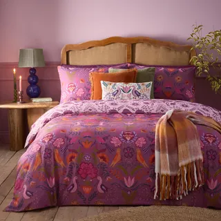 furn. Broderie Bettbezug Set - Wendbar Floral Stickerei Illusorische Vögel Baumwollmischung Pflegeleicht Bettwäsche (Damson – King UK Standard – 230x220cm), Pflaumenfarben