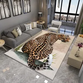 Teppich mit 3D-Tier Junge Mädchen Schlafzimmer Flanell Rug für Wohnzimmer Moderne Rutschfeste Bodenmatte Kinder Baby Spielunterlage,Löwe Tiger Flamingo Gepard Wolf Druck (Leopard,120x160 cm)