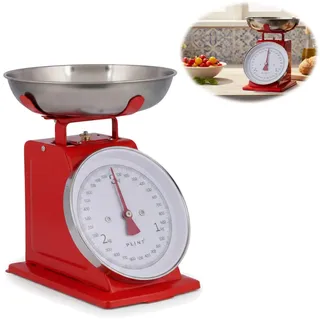 LS-LebenStil Vintage Küchenwaage Retro Rot Manuelle Analoge Backwaage inkl. 1L Edelstahl Schüssel zum Backen Kochen ohne Batterie/Strom Küche Haushalt