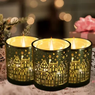 Weihnachtsdeko Innen Tischdeko 3 Stück Weihnachten LED Windlicht Glas Weihnachtsdekoration Tisch Fenster Weihnachtsbeleuchtung Deko Schwarz Gold Christmas Decor Licht Beleuchtung Winterdeko (Stadt)