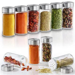 Vomeno® 12er Set Gewürzgläser mit Edelstahl Aroma-Deckel – Hochwertige Gewürzdosen für Gewürze & Kräuter – Vorratsdosen/Gläser inkl. Gewürz-Streuer (leer)