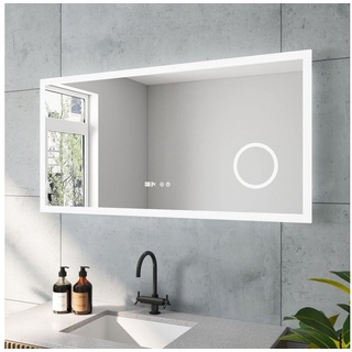 AQUALAVOS Badspiegel Spiegel mit 3-facher Vergrößerung Schminkspiegel und LED Digitaluhr, Intelligenter Antibeschlag, Stufenlos dimmen, 6400k Kaltweiße Licht