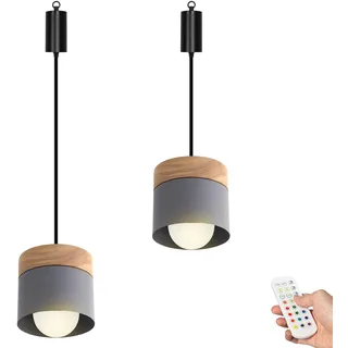 FSLiving Dimmbare Hängelampe mit Batterie Innen,2er-Satz Modern Metall Hängeleuchte Batteriebetriebene Lampe, Pendelleuchte ohne Strom Stromanschluss für Küche Nachttischcafé,Grau