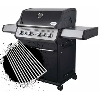 SANTOS Gasgrill S-418 – Edelstahl Grillroste, 800°C Infrarot-Zone, Heckbrenner, 4-Brenner, ausziehbares Warmhalterost, Gasgrill mit Seitenbrenner & Deckelthermometer