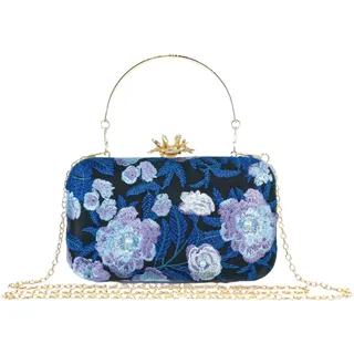 CRFASIBE Damen Clutch mit Blumenstickerei und Perlen, Elegante Abendhandtasche mit abnehmbarer Kette, für Hochzeit, Gala & Abschlussbal (Blau) - S