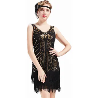 BABEYOND Damen Flapper Kleider 1920er Jahre V-Ausschnitt Perlen Fransen Great Gatsby Kleid, Set - Beige, M