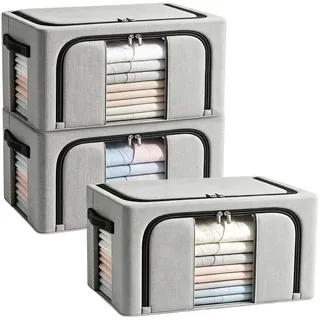 Resszo 3 Stück Faltbare Aufbewahrungsbox, 24L Schrank Organizer für Kleideraufbewahrung & Organisation, Mit Metallrahmen und Reißverschluss, Geeignet für Bettdecken, Decken und Kleidung - Grau