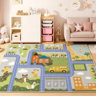 AIMECO Kinderteppich Spielteppich Stadtstraßen mit Autos, Häusern & Fahrzeugen – rutschfest, maschinenwaschbar, pflegeleicht für Spiel- & Kinderzimmer 140x200cm