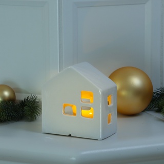 LED Haus - Porzellan Lichthaus - warmwei√üe LED - H: 13cm - inkl. Batterie - f√or Innen - wei√ü