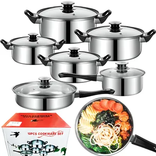 Retoo Topf-Set 12-tlg. Kochtopf + Bratpfanne + Glasdeckel