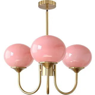 KCO Lighting Moderner Kronleuchter im Mid-Century-Stil mit 3 Leuchten, rosa Kugeln und antikgoldenen Oberflächen, halbhohe Hängeleuchte für Mädchenzimmer, Esszimmer