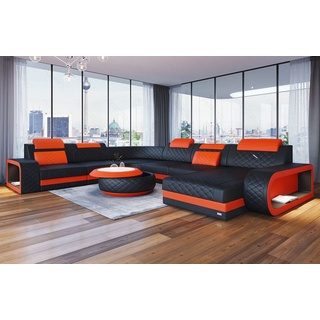 Sofa Dreams Wohnlandschaft Ledersofa Berlin XXL U Form Mini, Deignersofa, mit LED Licht und USB orange|schwarz