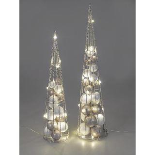 Weihnachtsschmuck Zierschmuck für EIN schönes Fest-, Deko Hauseingang- 60 und 80cm Satz 2tlg.Pyramide gefüllt - Silber mit Licht