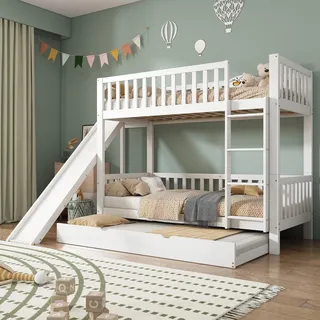 Merax Kinderbett Etagenbett mit Rutsche für 3 Kinder, Hochbett mit Rollbett und Lagerregal, Holzbett Stockbett Bettgestell mit Rausfallschutz und 3 Lattenrost, Familienbett, Weiß, 90x200/190 cm