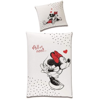 Tex idea Wende- Set Disney Classic Mickey und Minnie Mouse in Love Größe 135 x 200cm 80 x 80cm 100% Weiss Rot Partner- (2-TLG)