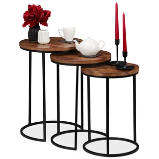 Relaxdays Satztisch rund Braun Mangoholz 46 x 58,5 cm