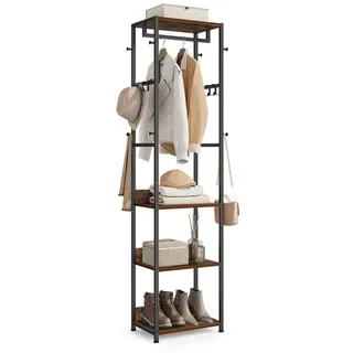 VASAGLE Garderobenständer Kleiderständer, Garderobe, für Kleidung, Taschen, Hüte, 30,5x47x180 cm, mit Kleiderstange und Haken, mit Ablagen, Stahlrahmen, schwarz-braun braun|schwarz