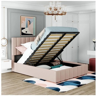 WISHDOR Polsterbett »Polsterbett Doppelbett Bett 140*200 cm Bettgestell ohne Matratze« (mit Lattenrost und Metallrahmen, mit Hydraulisch anhebbarer Stauraum Höhenverstellbarem Polsterkopfteil), mit Aufbewahrung Funktion, aus Hautfreundlicher Samtstoff, für Erwachsenen Jugendbett, MDF + Metall + Samtstoff beige