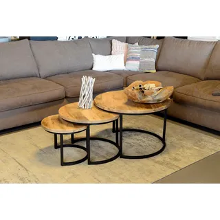 3er Set Couchtische Mangoholz rund Metall Mango Satztische Sofatisch schwarz