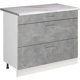 Vicco Küchenunterschrank R-Line, Beton/Weiß 100 cm | 3 Schubladen · Arbeitsplatte Marmor · Höhenverst. Füße · ✓ Leichter Zugriff · ✓ Frei kombinierbar