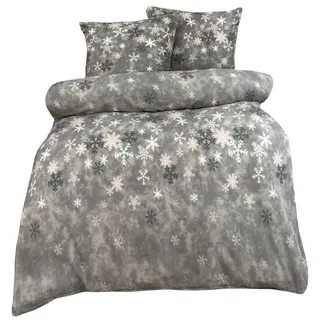 Leonado Vicenti Bettwäsche Winter flauschig warm, Fleece, 3 teilig, Thermofleece kuschelig weich, Schneeflocken grau