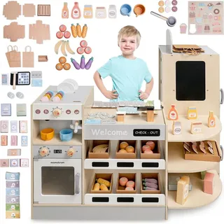 Mamabrum Holz Kaufladen XXL mit Café, Ofen & Kühlschrank – 106 Zubehörteile - Bronze