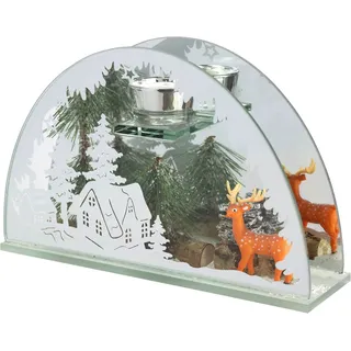 I.GE.A. Teelichthalter Weihnachtsdeko, Kerzenhalter, Deko-Objekt (1 St), aus Spiegelglas, mit Hirsch-Deko in Winterlandschaft, Höhe ca. 15 cm weiß