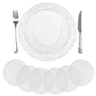 comfoyar Tischsets Silber Rund Zeile 6er Set, 38cm Platzsets rutschfeste Waschbar Vinyl Aushöhlen, Platzdeckchen wasserdichte Abwischbar für Küche Esszimmer Partytisch Dekoration