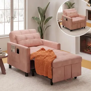 Xbro Schlafsessel mit Bettfunktion, Schlafsofa 3-in-1 ausziehbar, Verstellbarer Sessel mit Schlaffunktion, Einzelsessel mit Kissen, 2 Seitentaschen und Rollen, für kleine Wohnung, Rosa