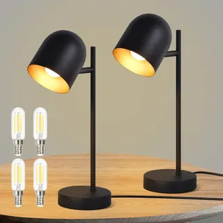 Kowanie 2er Tischlampe Vintage retro Nachttischlampe: Tischleuchte Wohnzimmer industrial in Schwarz Gold aus Metall E14 Nachttischleuchte mit Kabel inkl. 4 × 2700K Leuchtmittel für Schlafzimmer
